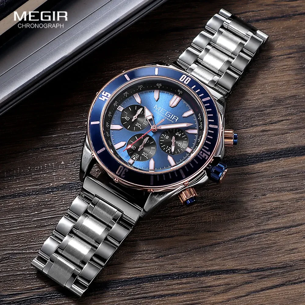 

MEGIR Business Dress Watch Men Silver Blue Luminous Waterproof Chronograph Quartz Wristwatch with Stainless Steel Band Date 2226