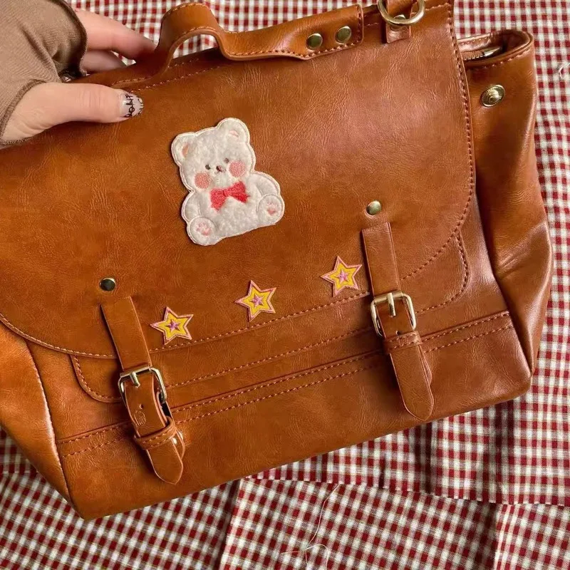 

Kawaii Bear Star Patch Backpack Korean Vintage Y2k Crossbody Shoulder Bag Cute Students JK Uniform Tote Handbag for Women Girls