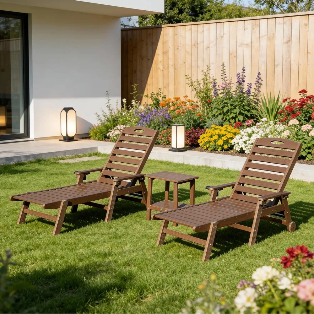 Pool Lounge Chairs Set of 2 with Table, HDPE Outdoor Chaise Lounge Chairs for Outside, Pool Loungers, Customized