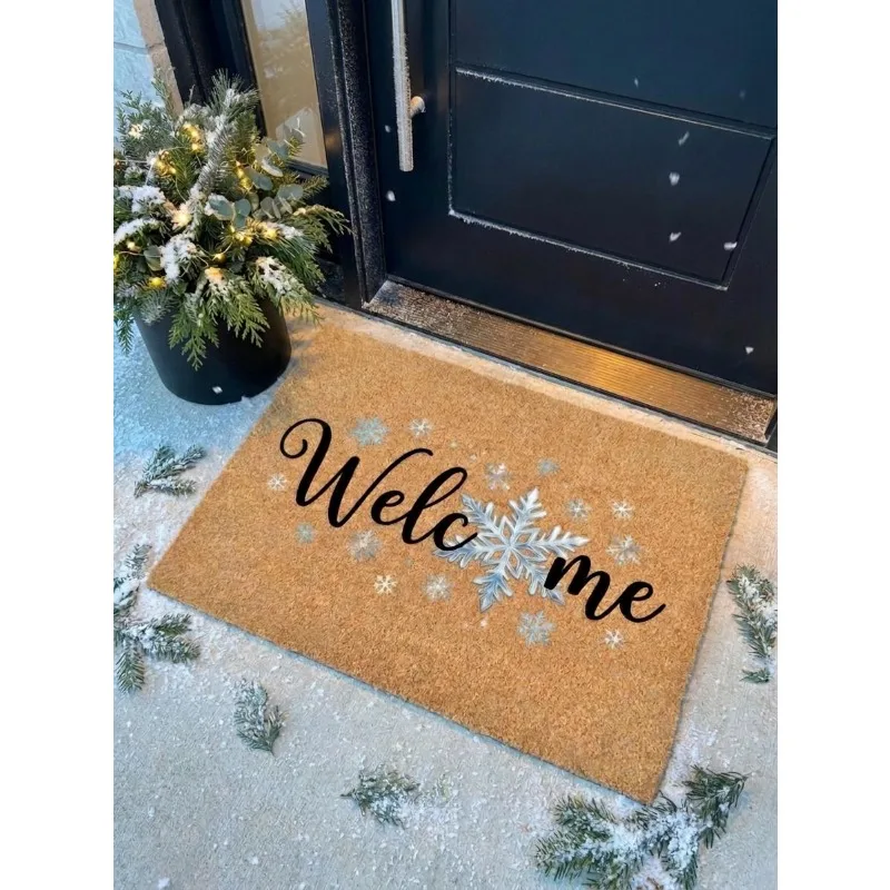 Winter Snowflake Welcome Doormat Classic Letter Print Indoor Entryway Floor Rug Merry Xmas Holiday Area Carpet for Decoration