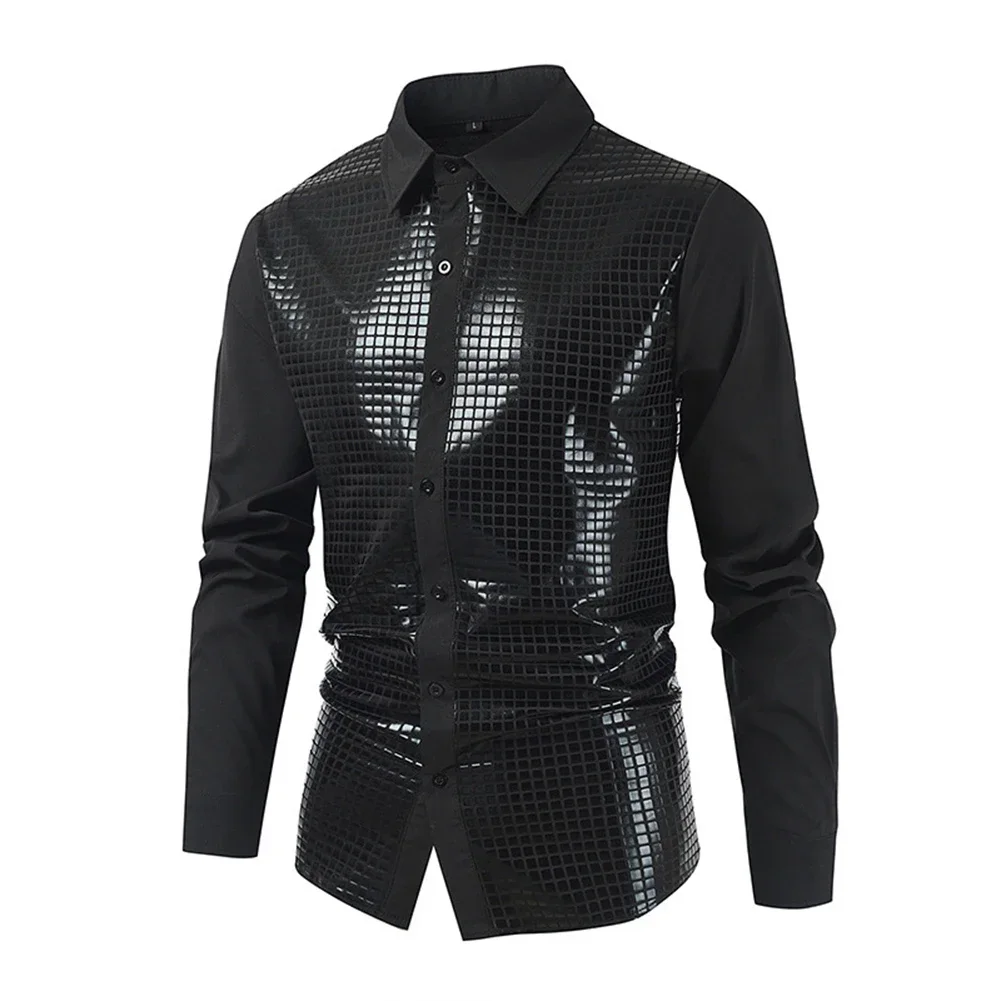 

Male T-Shirt Mens Slight Stretch Button Costume Daily Glitter Holiday Lapel Long Sleeve Perform Regular Autumn