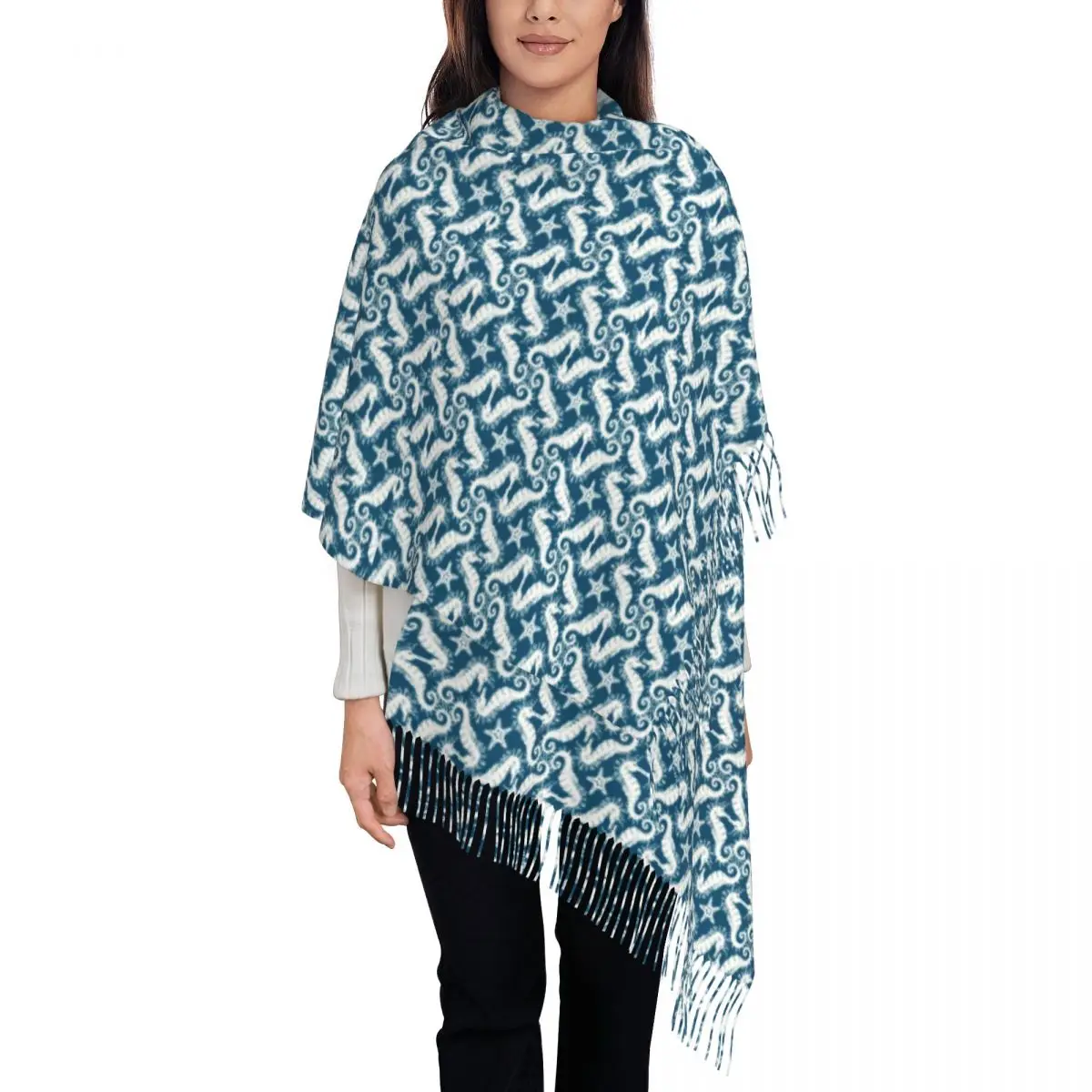 

Animal Silhouette Scarf Unisex Blue Sealife Print Large Scarves with Tassel Winter Popular Shawls and Wraps Warm Custom Foulard