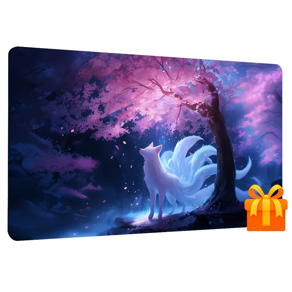 A white nine-tailed fox-themed game mat colorful pattern, specially designed for card games Suitable for collectible card games