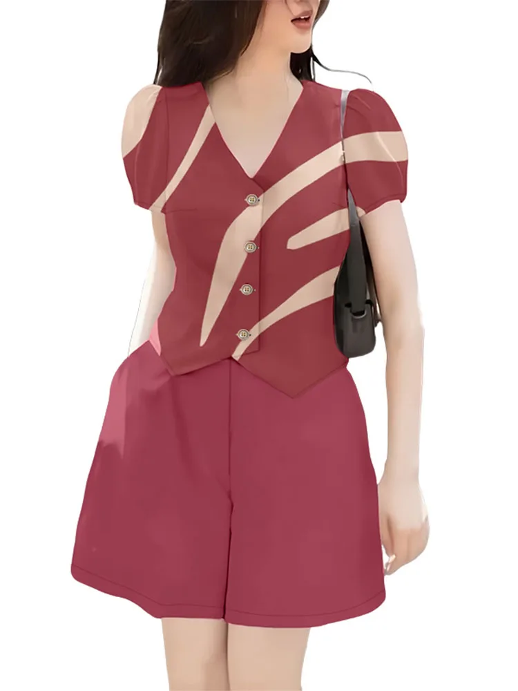 ZANZEA Womens Contrast-Stripe 2 ชิ้นชุดพัฟแขนสั้น V คอเสื้อ Elastic เอวกางเกงขาสั้น 2 ชิ้นชุดแฟชั่นชุดสั้น