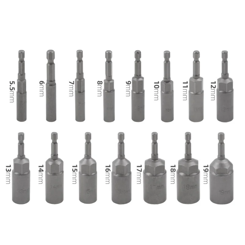 15Piece 80Mm Length Deepen Power Nut Driver Drill Bit Set 5.5-19MM Gray-Black For Power Tools 6.35MM Hex