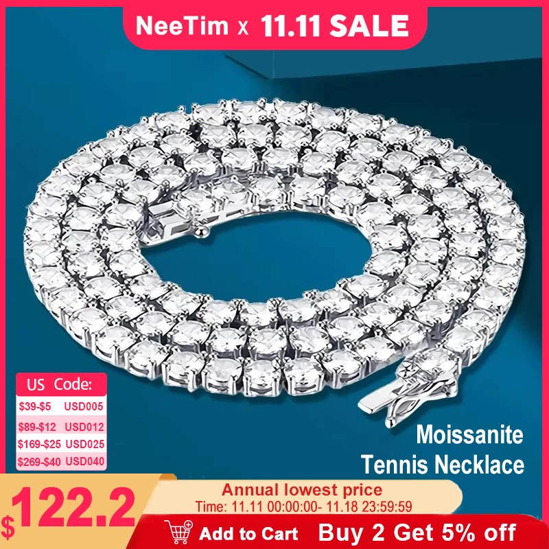 NeeTim 925 Sterling Silver Real Moissanite Tennis Necklace Bracelet for Women Men Lab Diamonds with GRA Certificate Neck Chain