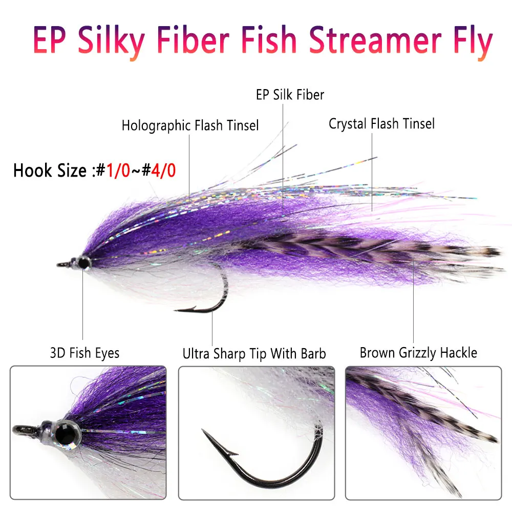 Bimoo 5PCS 1/0 ~ 4/0 New EP Silky Fiber Fish Streamer Fly Trout Slamon Steelhead Salmon Saltwater Fly Fishing Flies Lure Baits