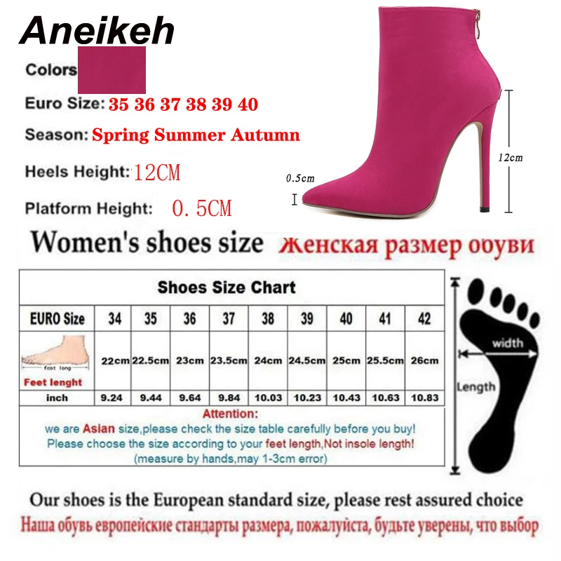 Aneikeh 2024 New Women Ankle Boots Sexy Pointed Toe Thin High Heel Zippers Ladies Party Dress Wedding Shoes Rose Red Size 35-42