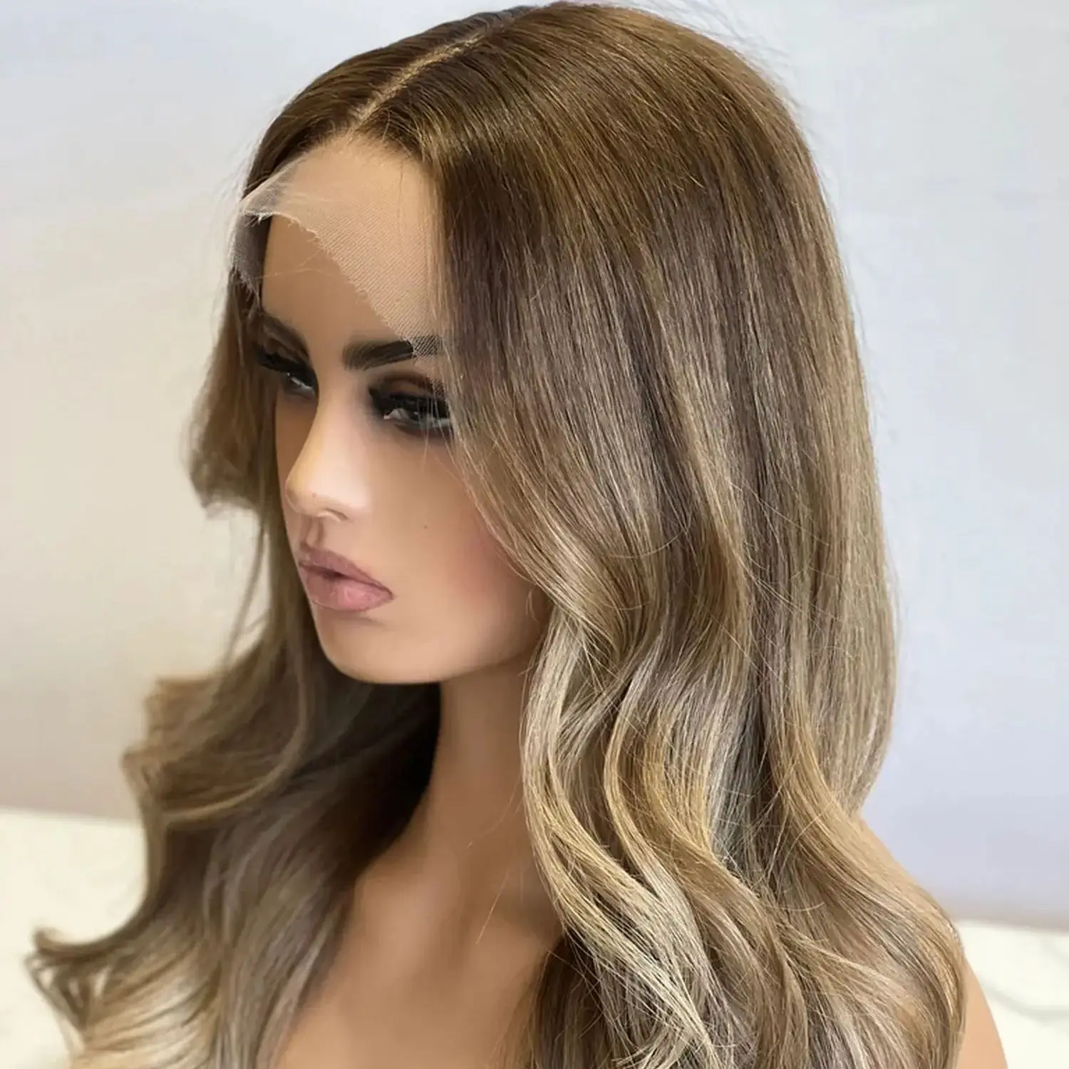 180% الكثافة أومبير تسليط الضوء على الكرمل البني الفاخرة الاصطناعية الدانتيل شعر مستعار أمامي طويل طول الجسم موجة شعر مستعار حفلة تأثيري اليومي المستخدمة 24" #1