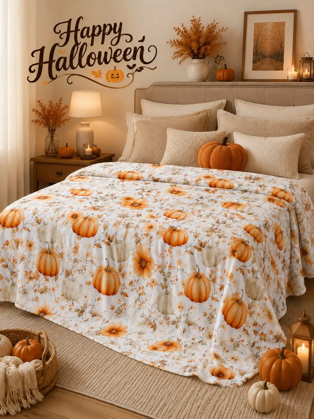 Halloween Flannel Blankets & Throws Pumpkin Blossom Garden Sofa Throw Bed Blanket Living Room Bedroom Couch Office Travel Nap Home Decor Holiday Gift for Mom Dad Sister Brother Wife Husband Grandma Grandpa Friend Party Thanksgiving Anniversary