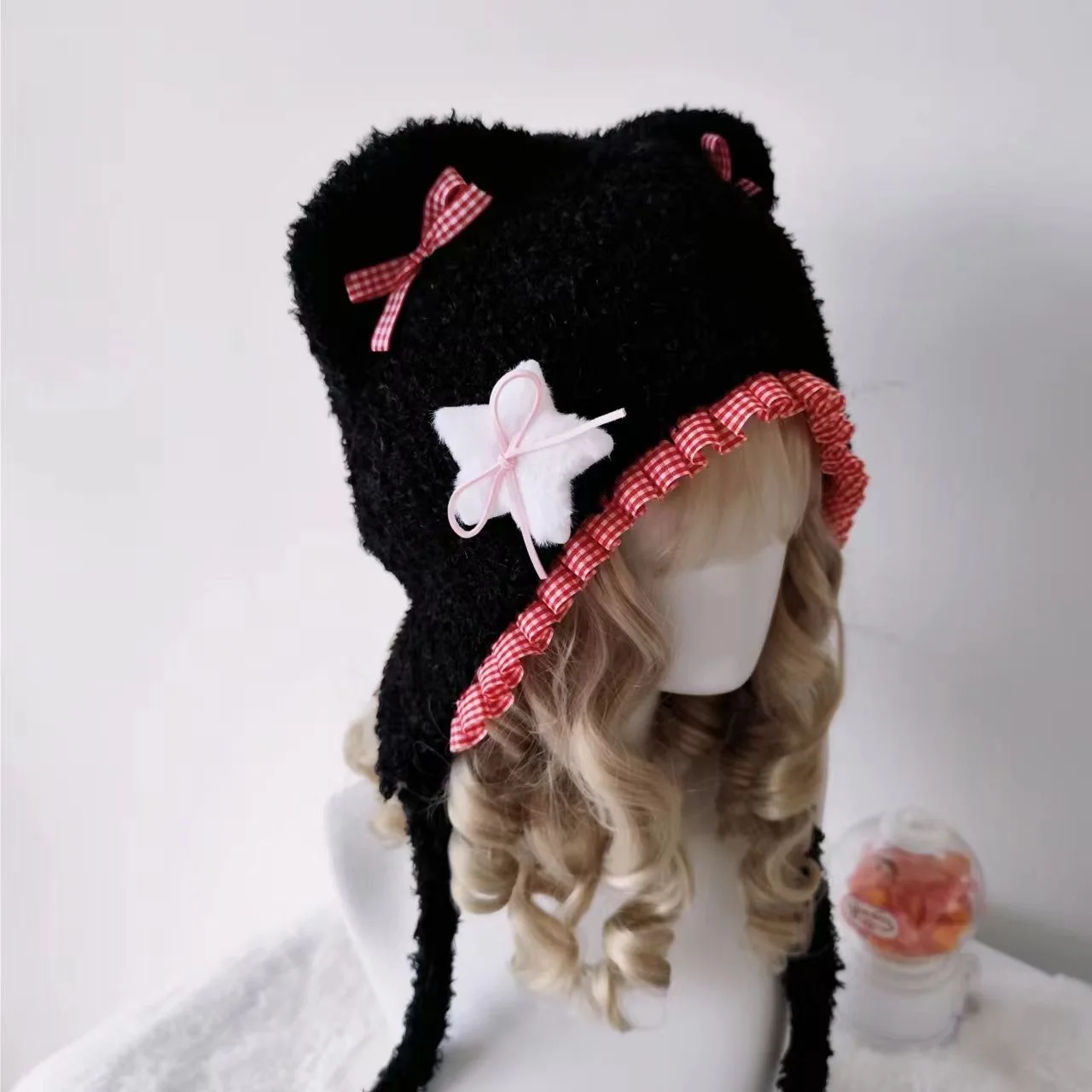 

Y2K Sweet Gothic Red Lace Bear Ear Little Devil Hat Womens Winter Handmade Female Caps Ear Warmer Caps