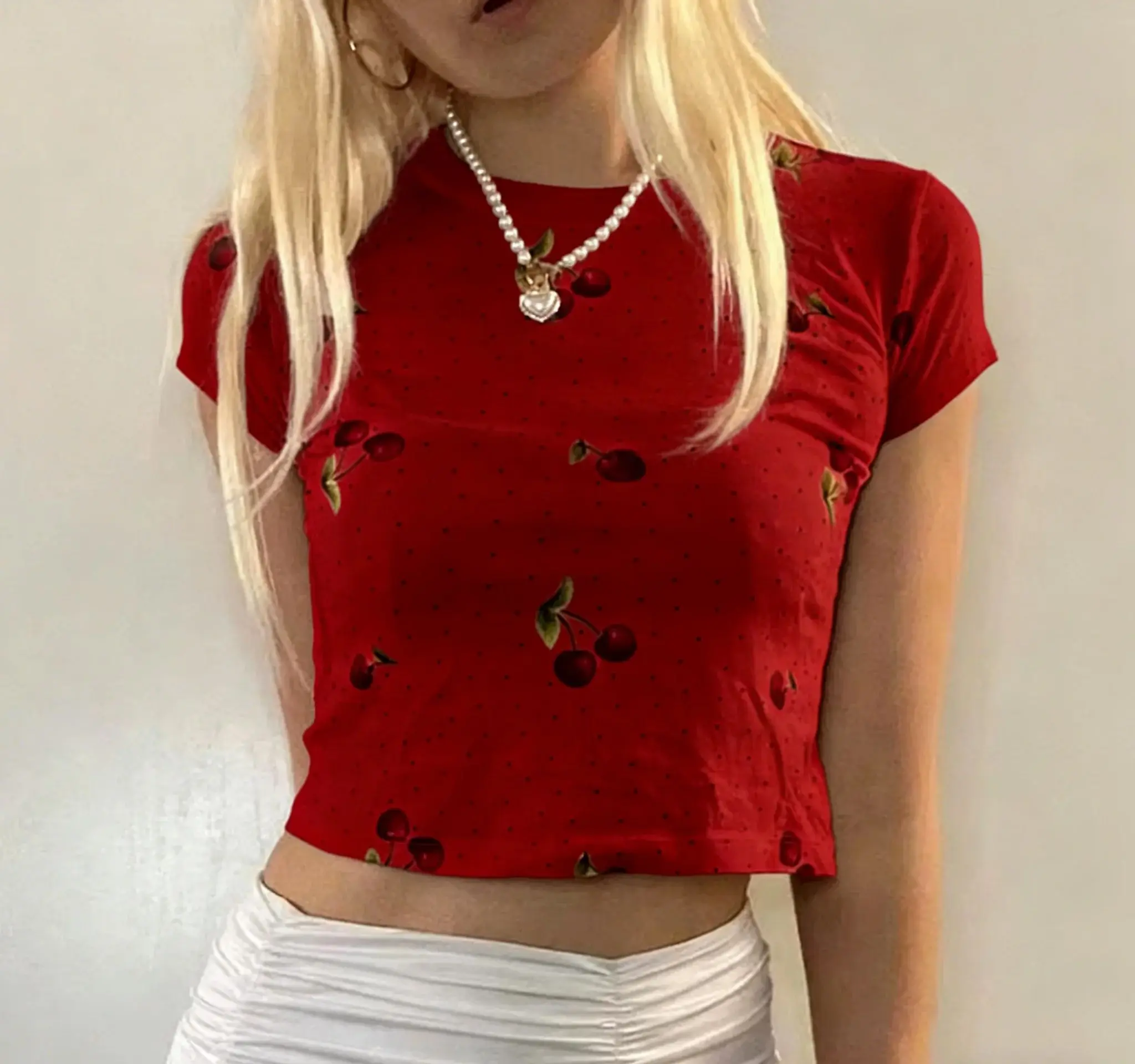 Y2K new release, sweet style originated from cherry print fashion crop top slim fit round neck short sleeved T-shir