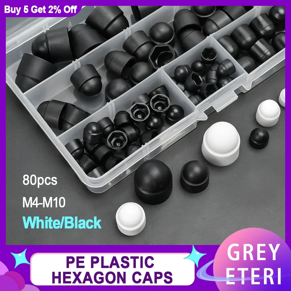 블랙/화이트 육각 캡 커버 플라스틱 PE 나사 보호 없음, 에이크론 너트 돔 육각 나사 볼트 너트 모음 키트, M4 M5 M6 M8M10