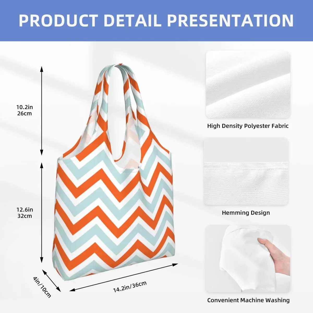 Chevrons Stripes Blue Orange Shopping Bag Women Shoulder Canvas Tote Bag Washable Bohemian Modern Groceries Shopper Bags Handbag