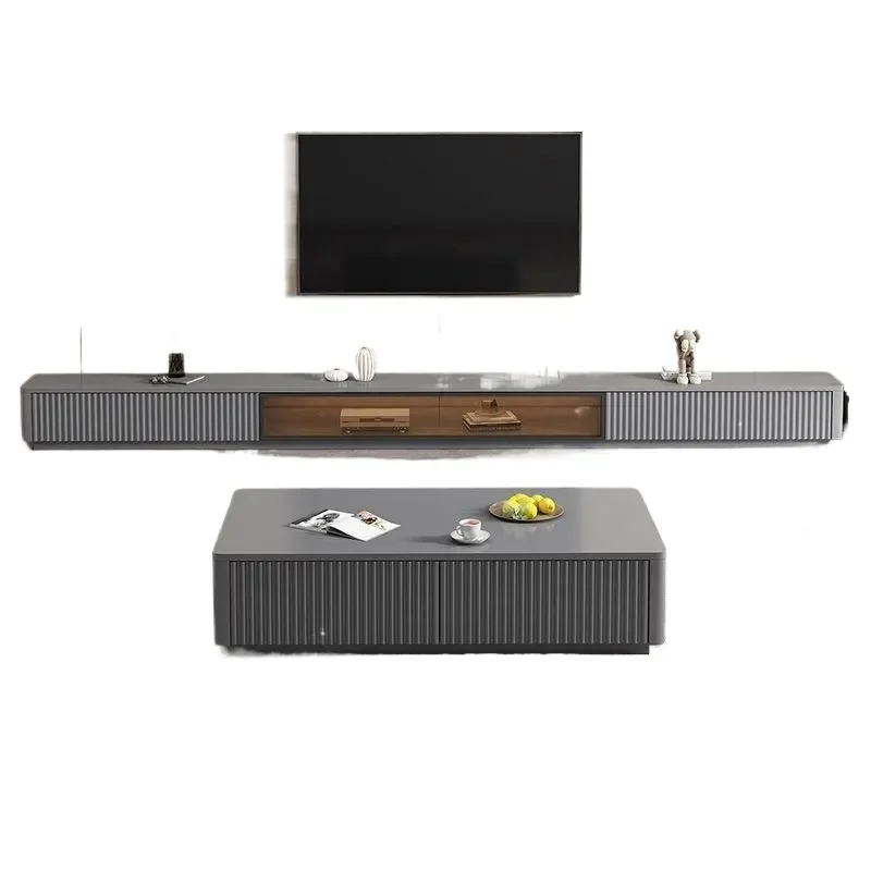 Solid Wood TV Cabinet Floor to Ceiling Coffee Table Combo Simple Italian Style Storage Unit for Small Apartment Living Room