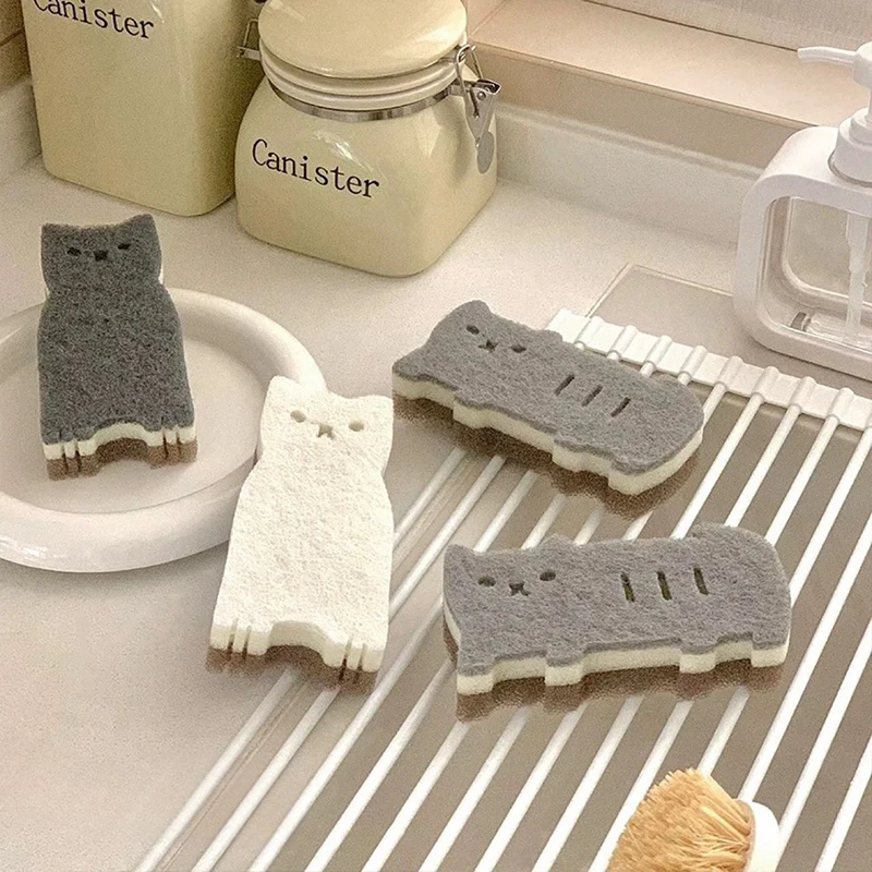 4-piece Cute Cat Kitchen Sponge Set - Thick And Durable Dishwashing And Cleaning Tools