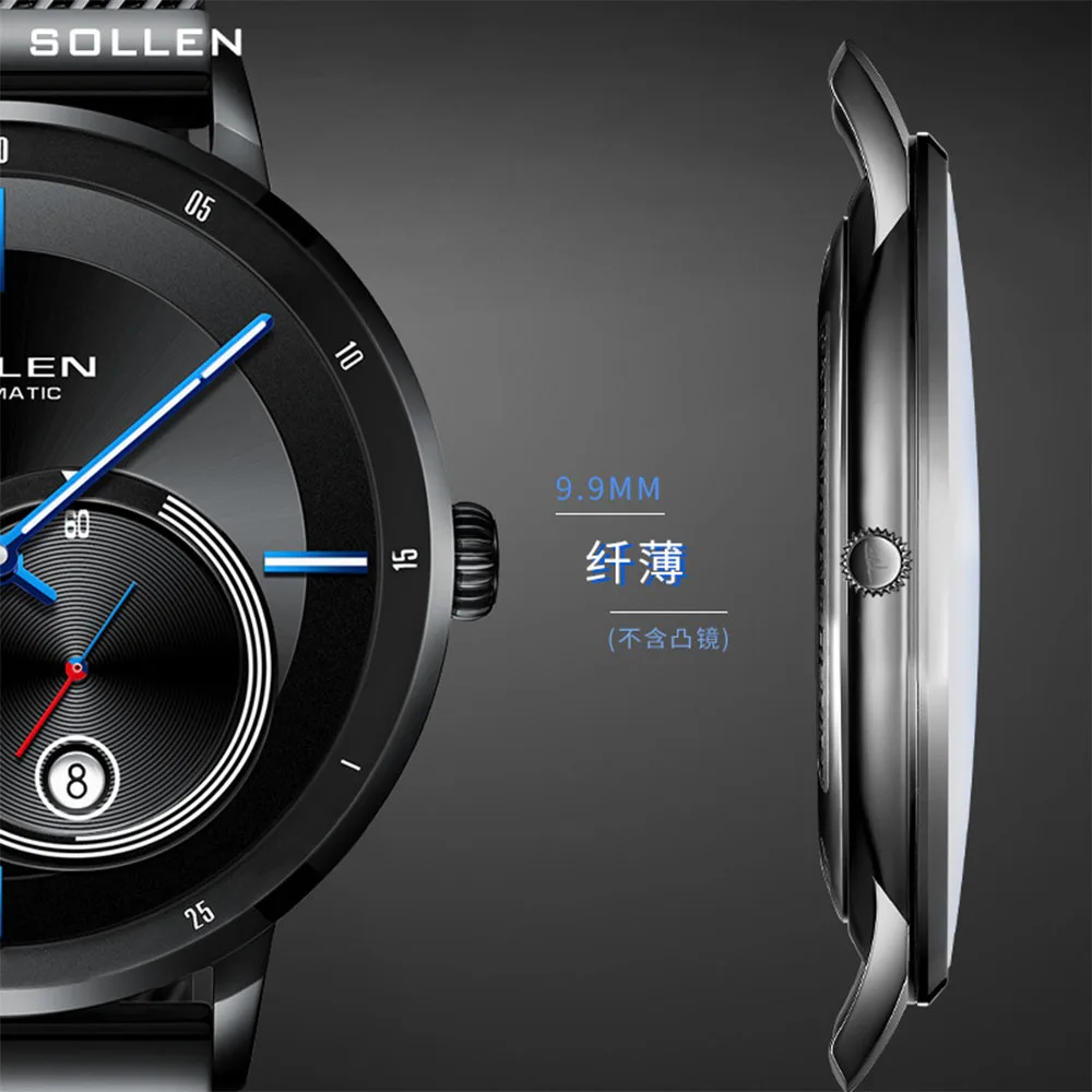 นาฬิกาผู้ชายแบบกลไกอัตโนมัติแบรนด์หรูจากญี่ปุ่น Miyota ของ Swiss sollen ไพลินสามเข็มขนาดเล็กกันน้ำนาฬิกาเรืองแสง