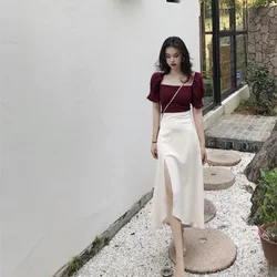 Midi Women's Two Piece Set Party Skirt Sexy Lightly Cooked Beach Female Outfits Slit Short Sleeve Luxury Designer Clothing Full