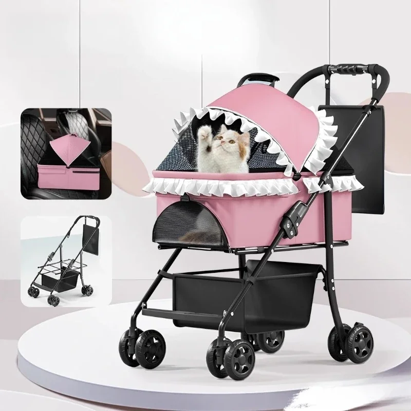 Cat trolley can be folded and lightweight when going out. Pet trolley can be separated from the frame.