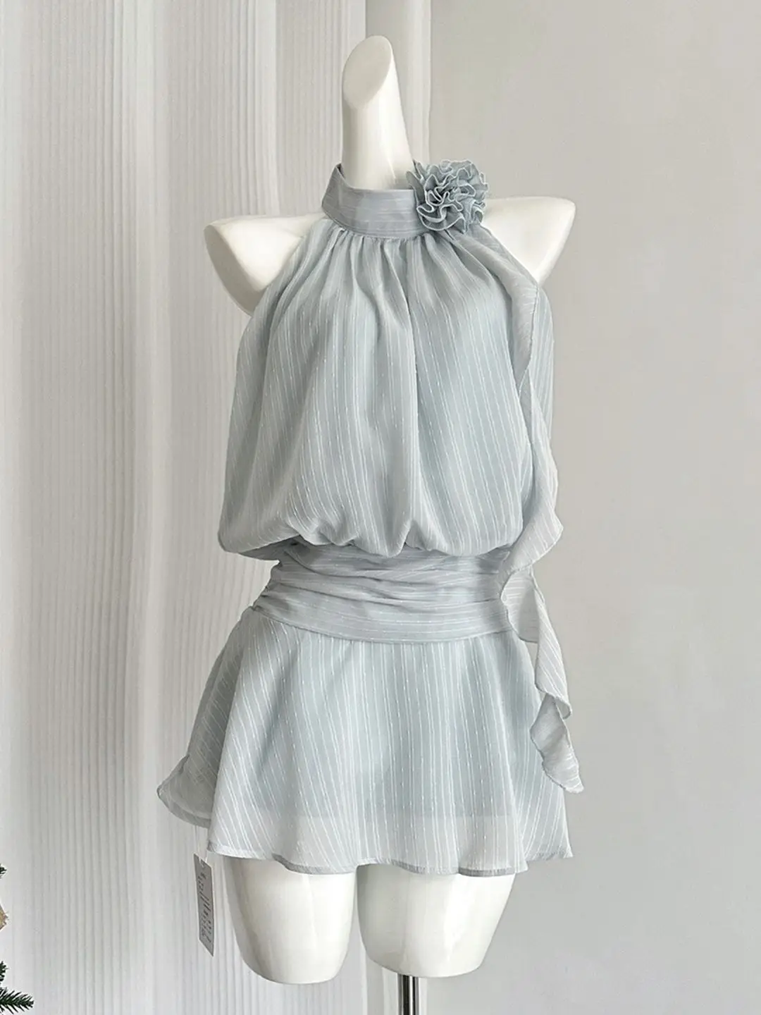 Striped Blue Dress Sleeveless 3D Flowers Aesthetic One-Piece Mori Girl Fairy Summer French Vintage Mini Sleeveless Dress Women