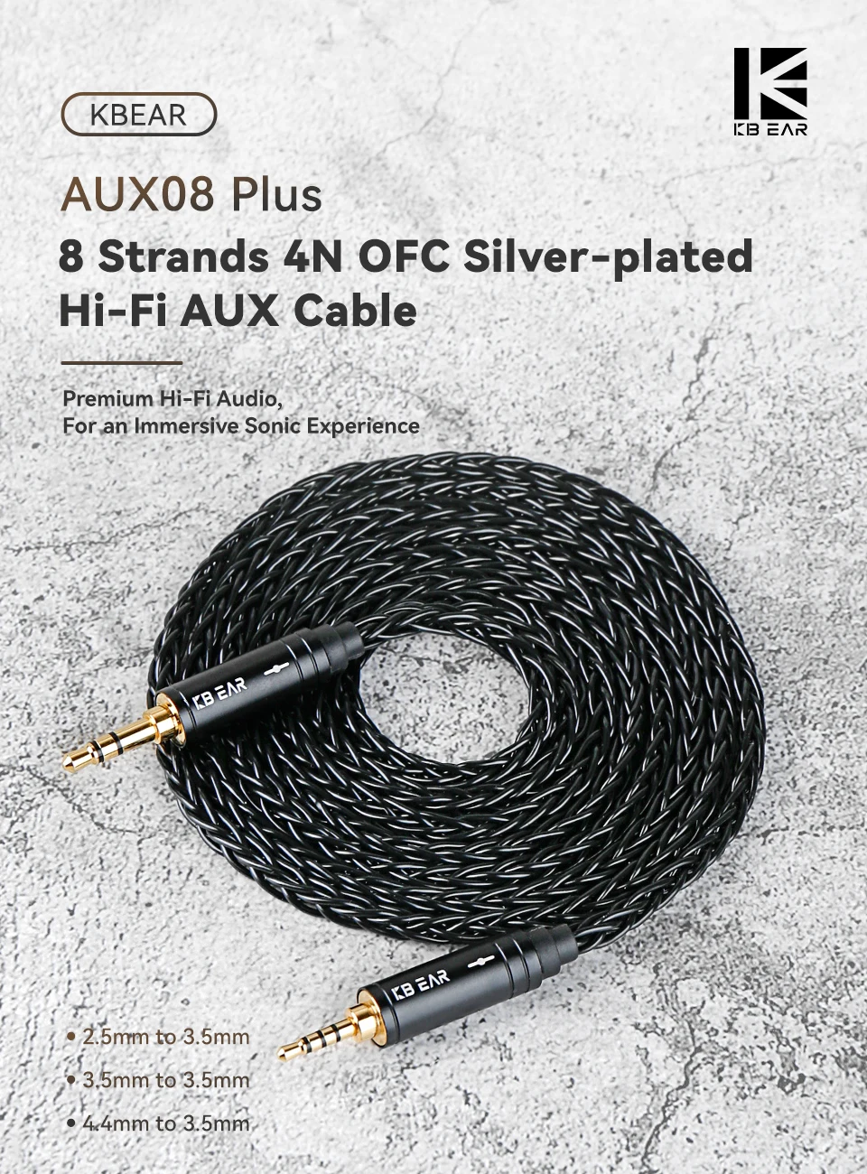 KBEAR AUX08 Plus 8-Kern Hochreines OFC Versilbertes Hi-Fi AUX-Kabel 3,5MM/2,5MM/4,4MM für Telefon/Computer zu Tragbarem Lautsprecher – Detail 1