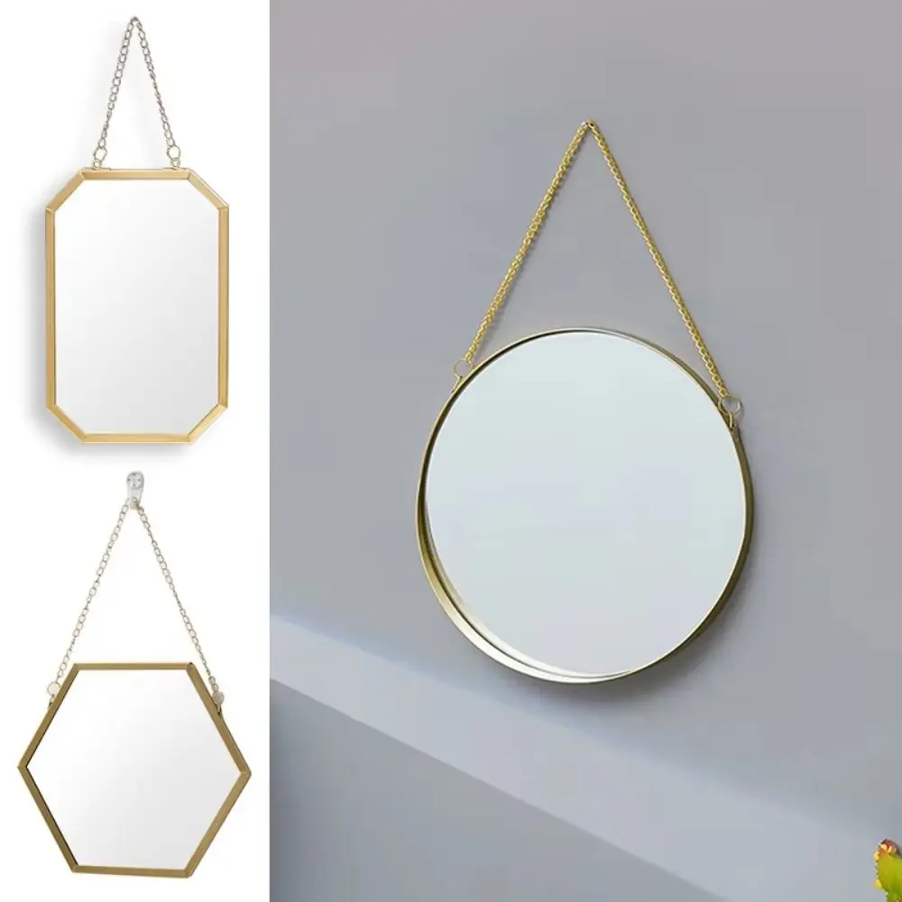 Schmiedeeiserner nordischer dekorativer Spiegel mit Metallkette, rund/sechseckig/rechteckig, kreativer Schminkspiegel, stabil und klarer