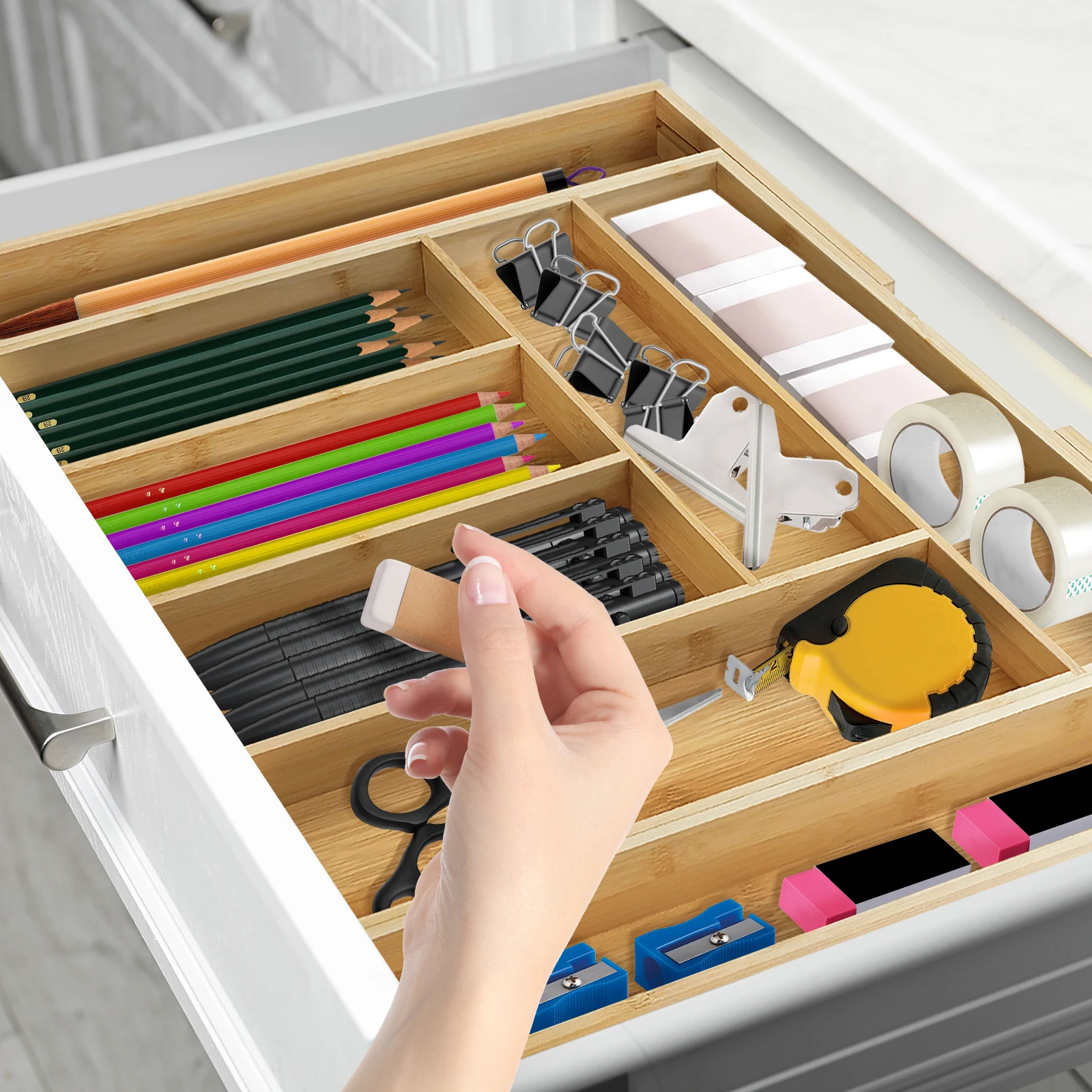 Bambus-Besteckkasten, erweiterbar von 32 x 43 cm auf 52 x 43 cm, 5 cm Tiefe, 6 bis 8 separate Fächer für Küche, Schlafzimmer, Büro – Detail 1