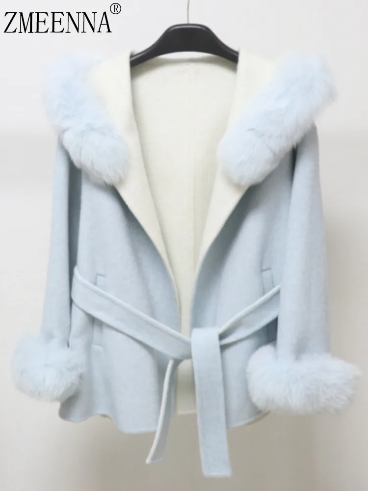 

ZMEENNA Women's Light Blue White Reversible Woolen Jacket Faux Fur Hooded Collar Cuffs Tie-Waist Warm Outerwear ZM4170