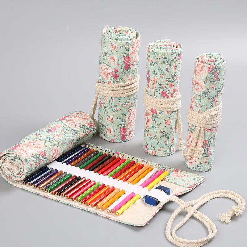 12/24/36/48/72 Holes Floral Canvas Roll Up Pencil Case School Students Supplies Brush Pen Bag Cute Pencil Cases Stationery