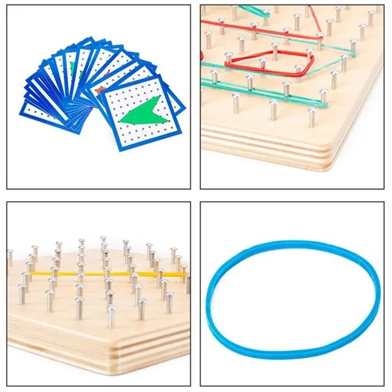 Jouet créatif Montessori dos pour enfants, blocs de motifs mathématiques, planche géométrique, bandes de caoutchouc, ensemble de planches à ongles en bois