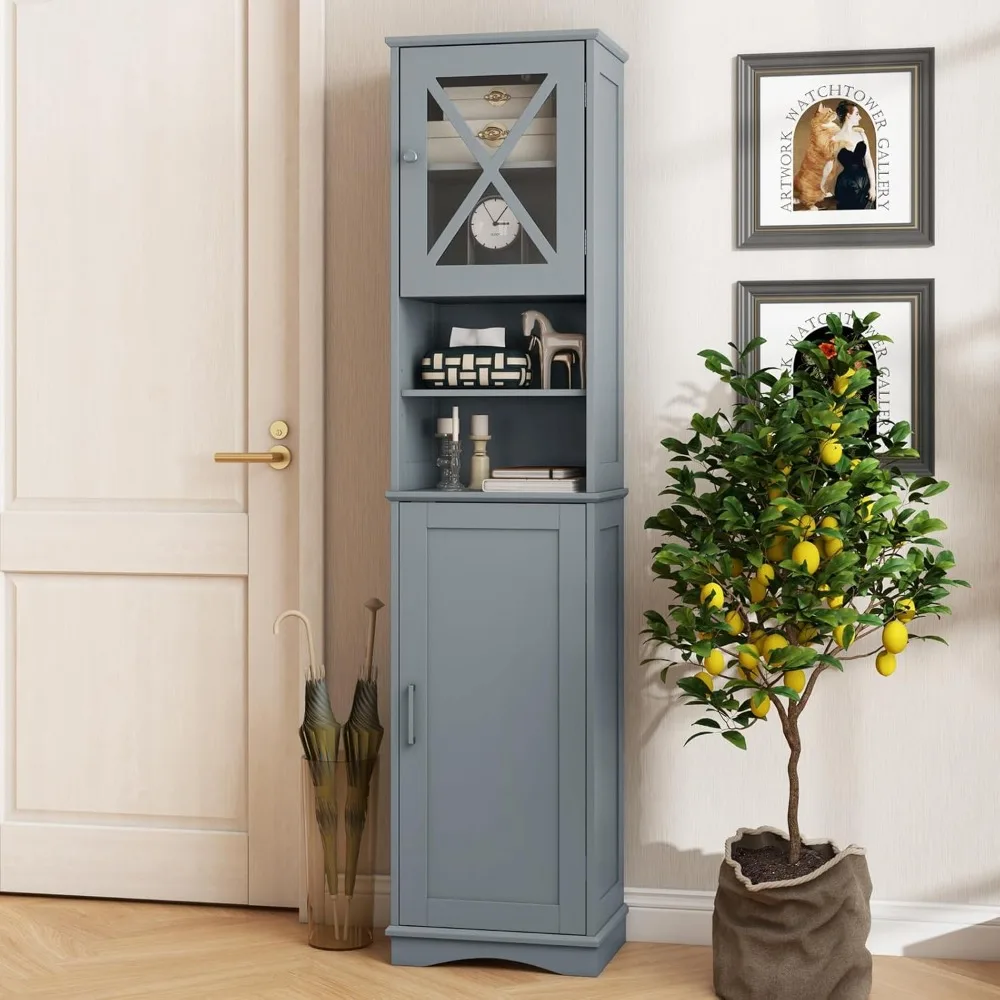 

67 Inch High Storage Cabinet, Bathroom Floor Cabinet with Acrylic Door, Adjustable Shelves, 2 Open Compartments