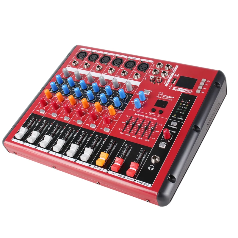 MiCWL MR600 Top Red Color 6 Channel Audio Mixer XLR 6-Input Gain Bluetooth 16 DSP USB Musich Phones AUX Mixing Console Stage