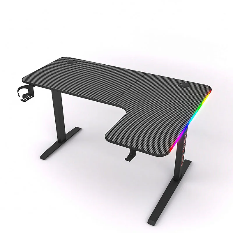 Оптовая продажа с фабрики 140 см/160 см RGB черный угловой стол с крючками для наушников домашний офис L-образный игровой стол со светодиодной подсветкой