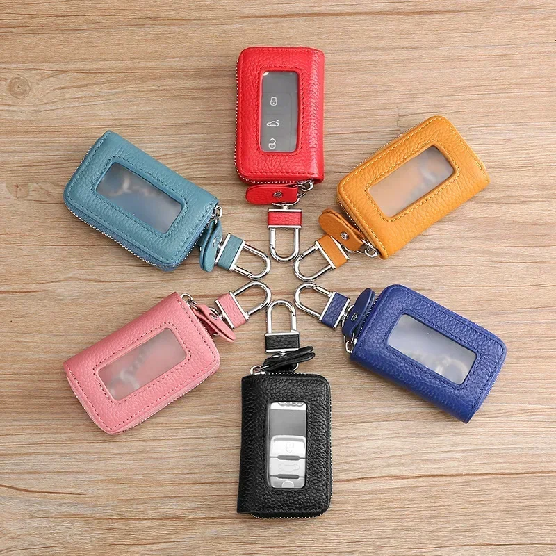 Leather Car Key Case Transparent Window Soft Cowhide Car Key Case Korean Style Zipper Multi-color Car Key Case