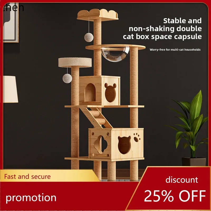 

YFY Cat House Tree Integrated Large Wooden Tree House Scratching Post Space-Saving Climbing Frame