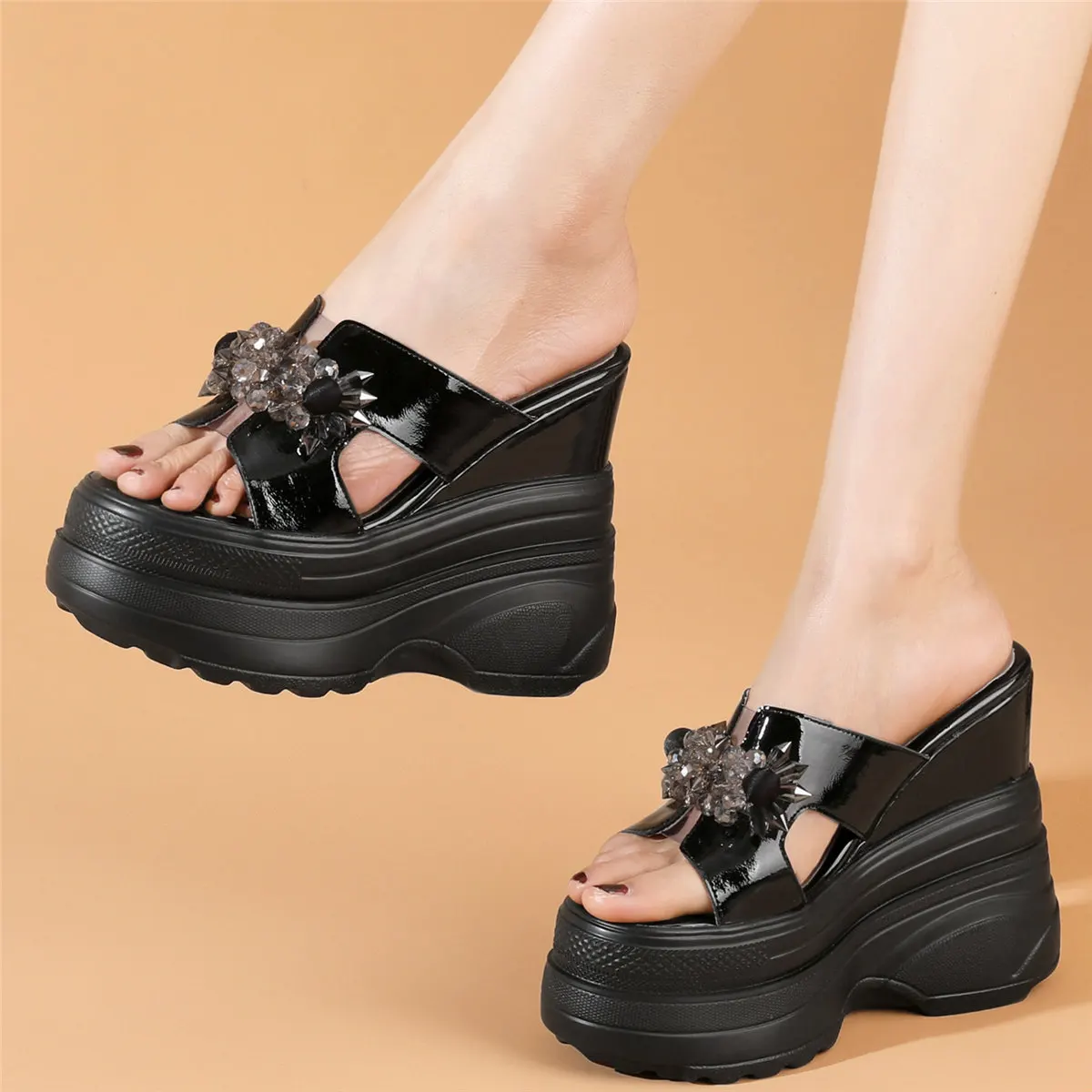 Rhinestones Slippers Women Genuine Leather Wedges High Heel Gladiator Sandals Female Open Toe Chunky Platform Pumps Casual Shoes