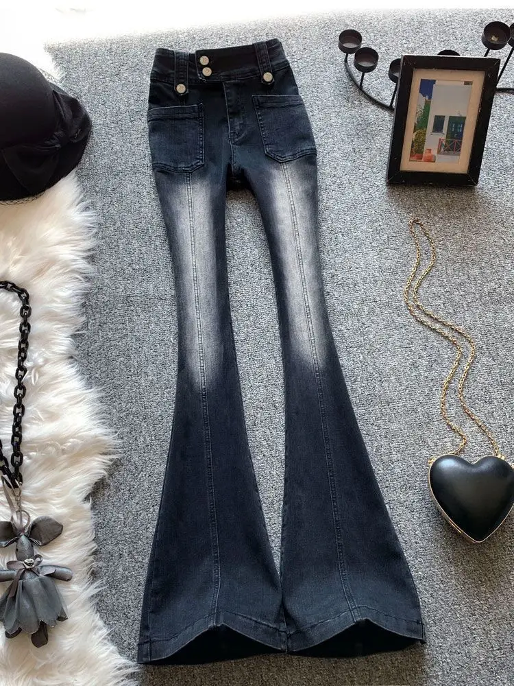 

Spring Autumn New Retro Micro-cropped Jeans Women Wear White High-waisted Slim Black Horseshoe Pants Women's Pants