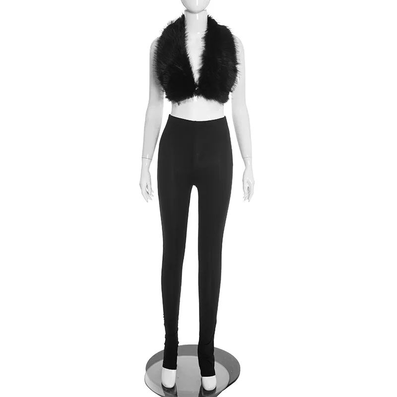 JENYAGE Damen Einfarbiges Weiches Flauschiges 2-Teiliges Outfit, Ärmelloses Crop-Top aus Kunstpelz, Hochgeschnittene Skinny-Leggings, Club-Party-Trainingsanzug – Detail 7