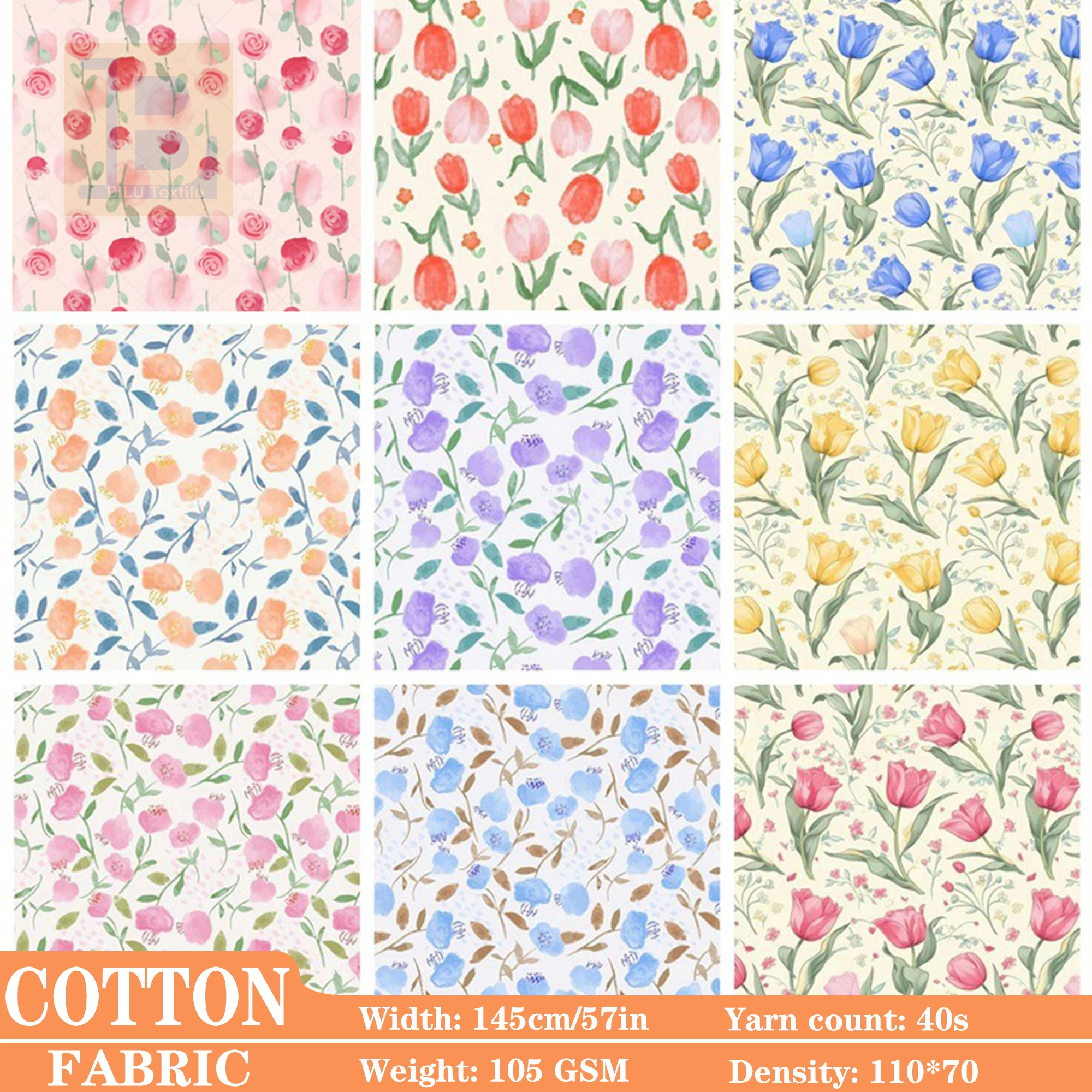 

Cotton Poplin Printed Fabric, Like Liberty Style Tana Lawn Tulip Floral Combed Cotton Cloth For Kids Dresses DIY Sewing Clothing