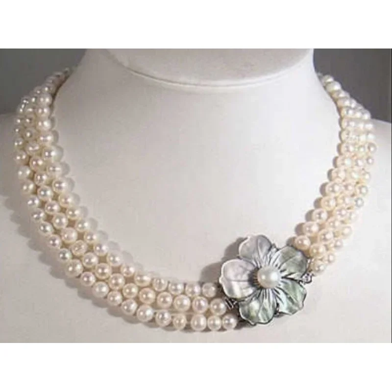 

VERY CHARMING 3ROW 7-8MM AA WHITE AKOYA NATURAL PEARL NECKLACE 17INCH-19inch;;IN