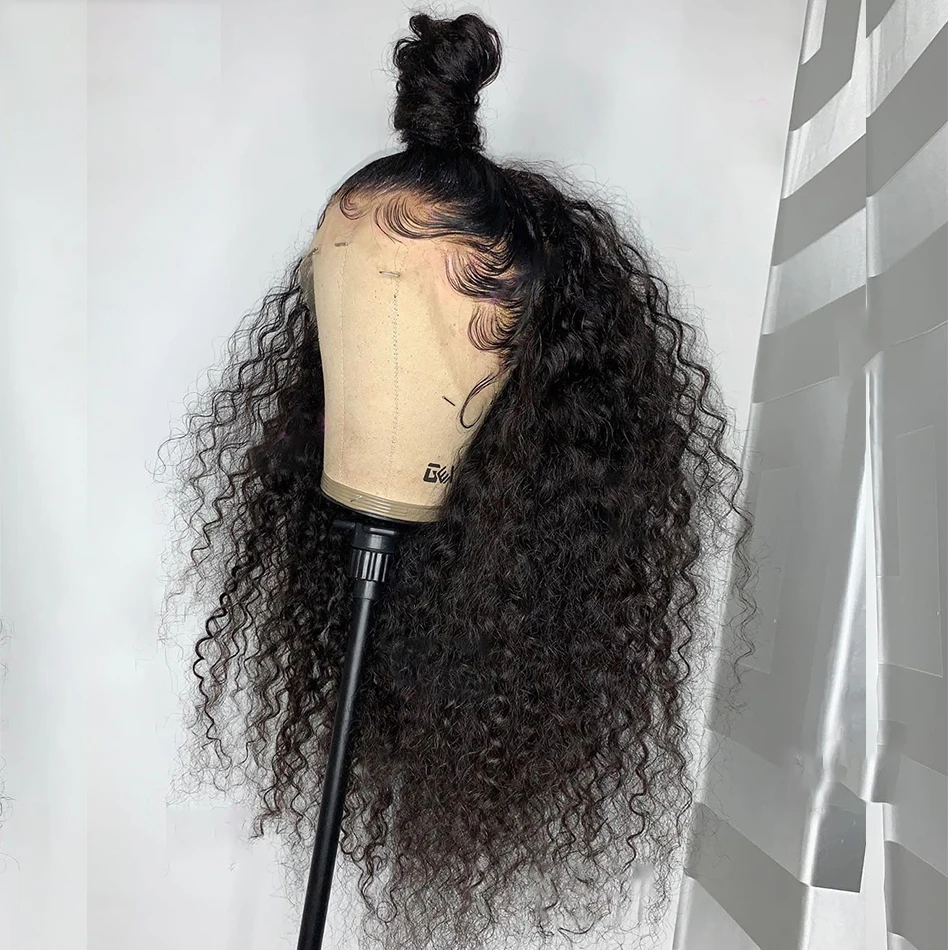 Macio preplucked 26 Polegada longo 180 densidade natural preto perucas dianteiras do laço para mulheres kinky encaracolado com cabelo do bebê sem cola boa textura