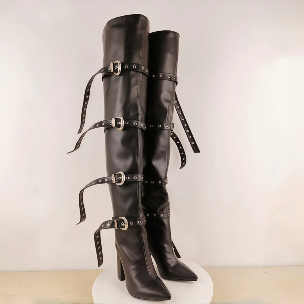 

Fashion Cool Black Leather Over-the-Knee Boots Multi-Strap Buckle Detail Pointed Toe Block Heel New Women's Punk Style Boots