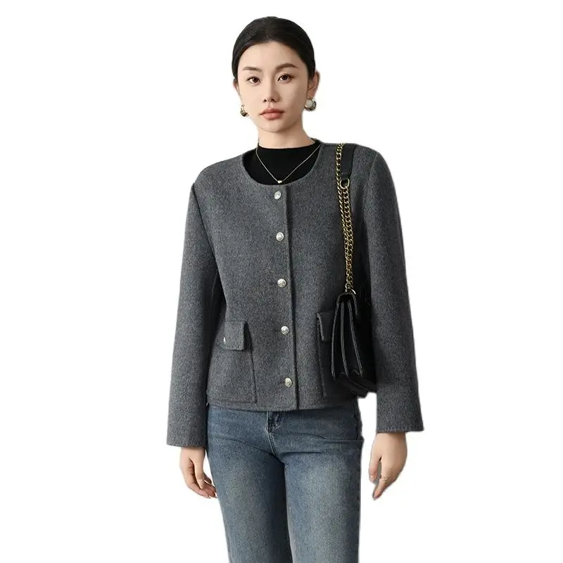 2024 Short Round Neck Women's Double-Sided 100% Pure Wool Coat High-Grade Autumn and Winter Western Style Small Woolen Coat Top