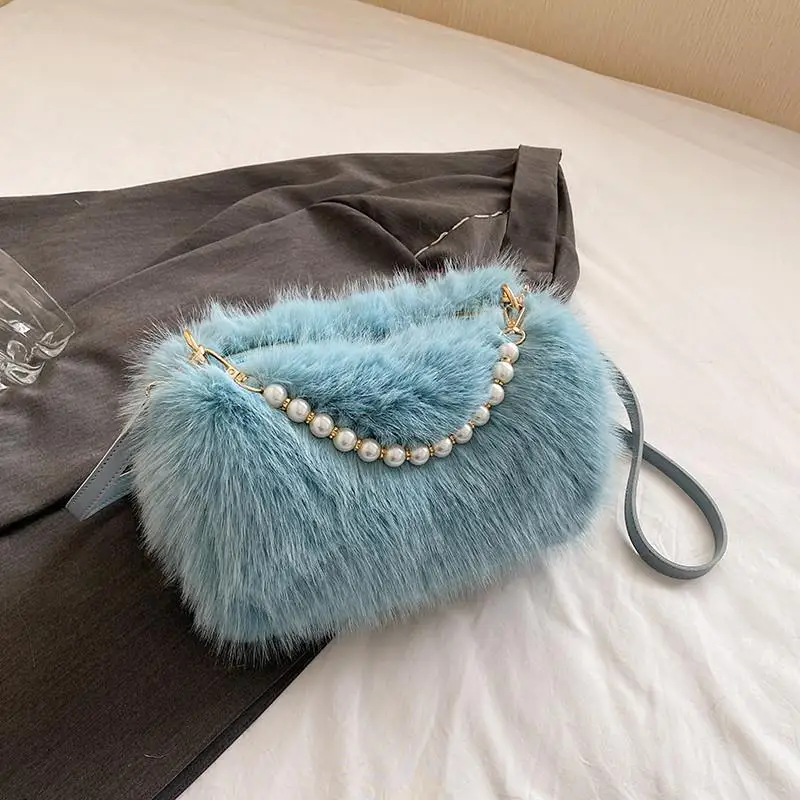 

Candy Color Pearl Handle Women's Plush Crossbody Bag Portable Female Furry Handbags Winter Fashion Casual Ladies Shoulder Bags