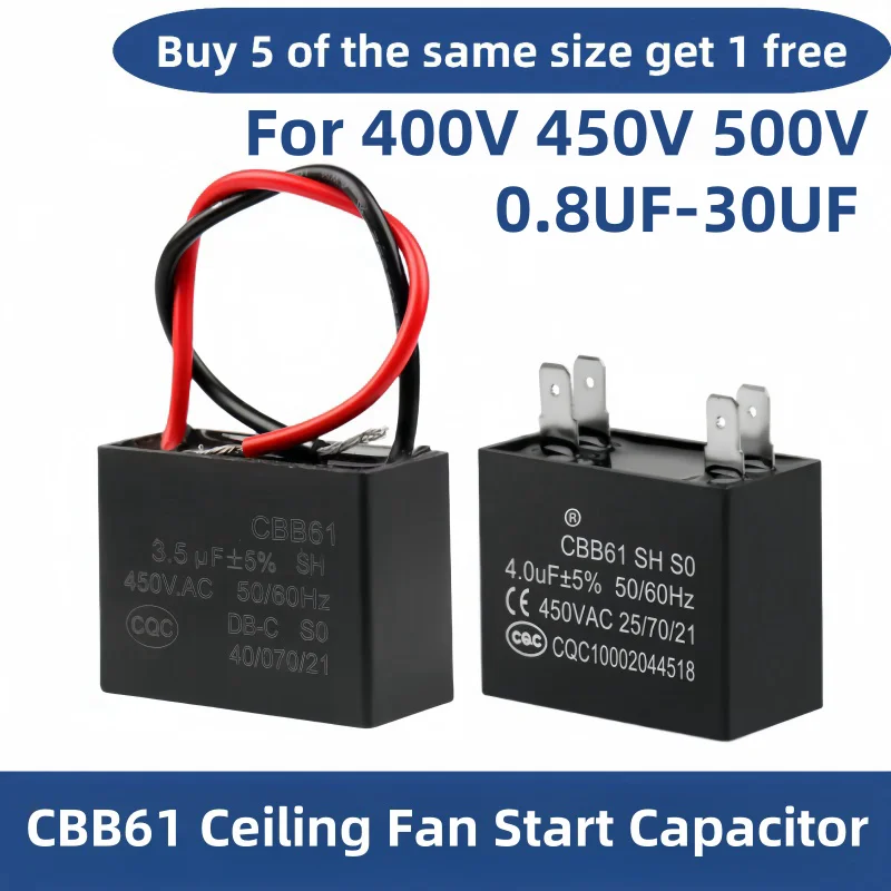 

CBB61 P2 Ceiling Fan Start Capacitor 450V 450VAC 0.8/1/1.2/1.5/2/3/4/5/6/7/8/10/12/15/16/18/20/25/30UF UF Wire Pin For 400V 500V