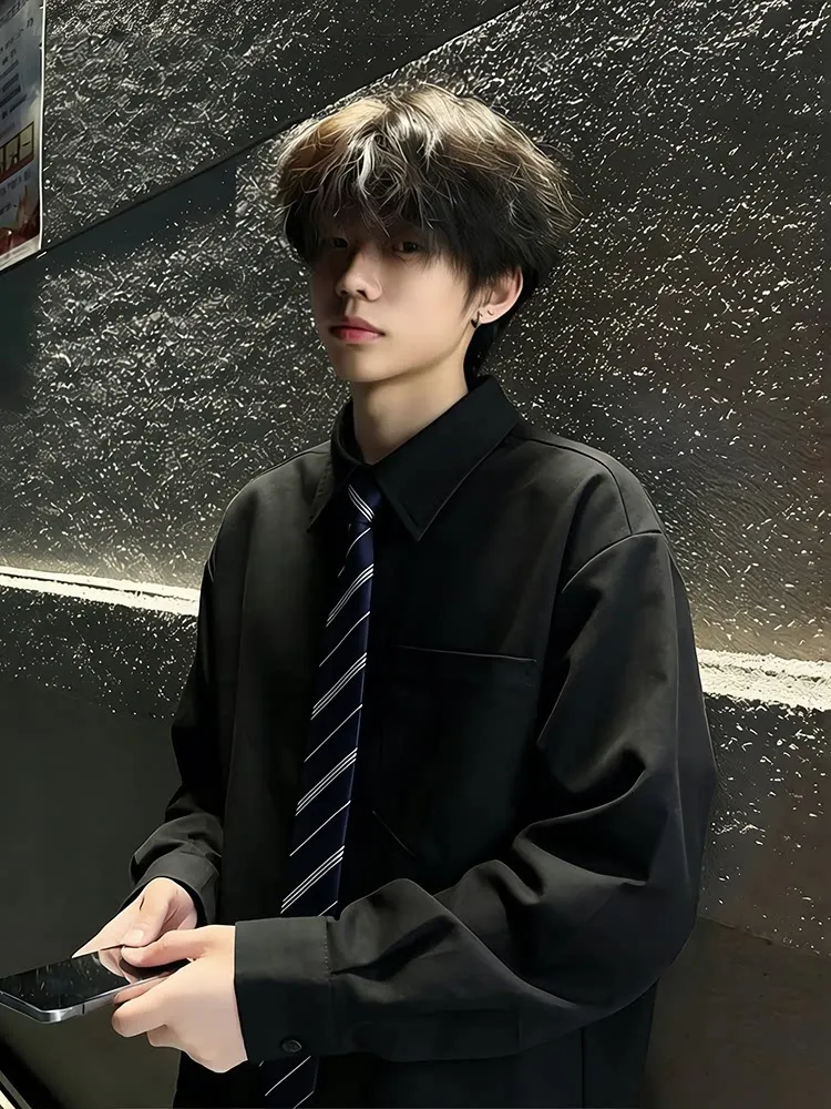 

Bla Spliced Fake Tie irt Men's Long Sve Spring Casual Sle Cleanfit Layering irt Loose Fit Youthful ular Daily Wear