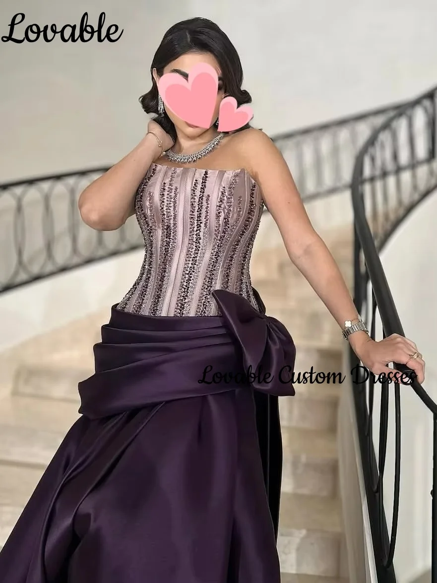 Hochzeits-Partykleid, individuell anpassbar, A-Linie, trägerlos, Traube, bodenlang, Perlenverzierung, luxuriöse Abendkleider, ärmellose Kleider mit Reißverschluss F