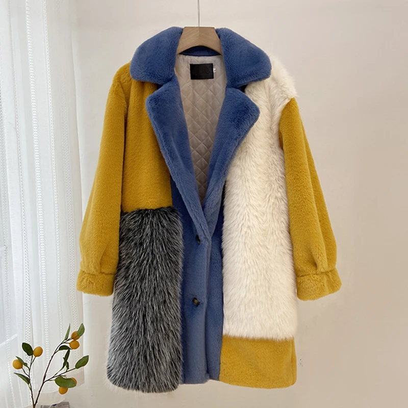 2023 Winter Faux Fur Jackets for Women Furry Warm Splicing Contrast Color Blue Yellow Fluffy Coat Long Jacket Women Overcoat