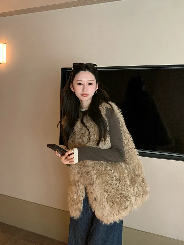

Женская шуба из овчины LM с V-образным вырезом, свободного кроя, в корейском стиле, осенне-зимняя новинка