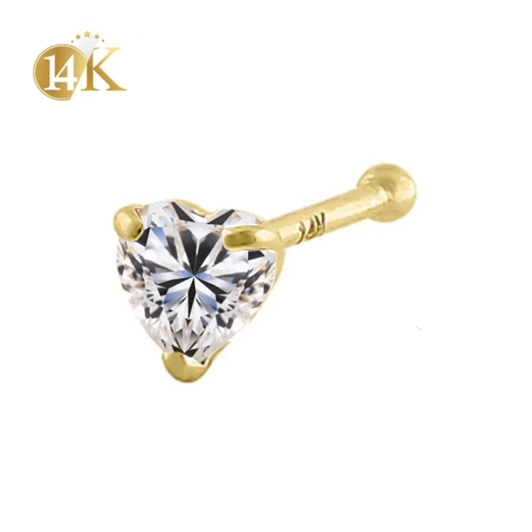 

2023 Fine 14K Solid 18k Gold Hip Hop Heart Shape Virgin Crystal CZ Bling Nose Bone Pin Designs Piercing Jewelry Rings